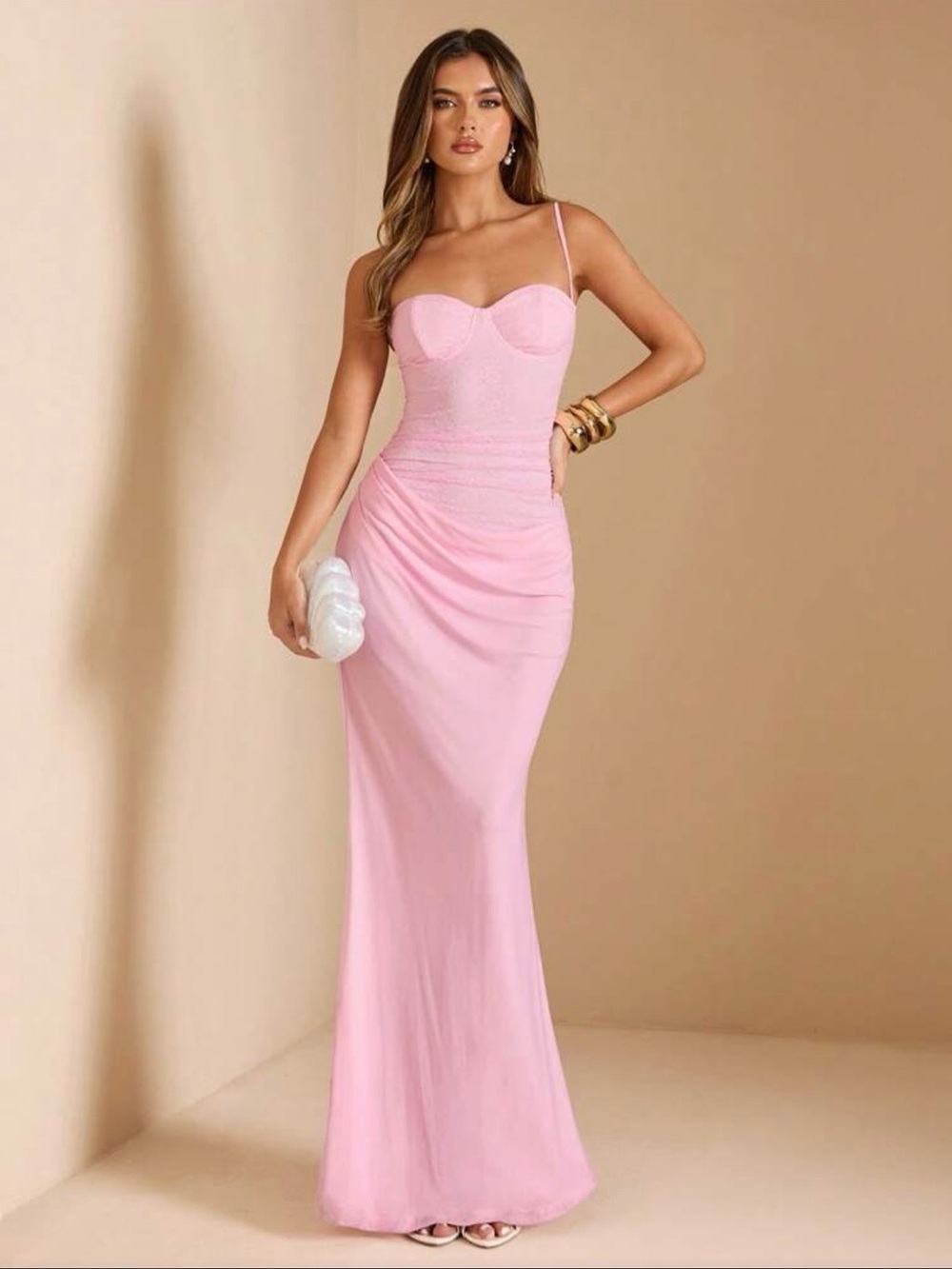SHEIN Womens Pink Lace Cami Maxi Dress